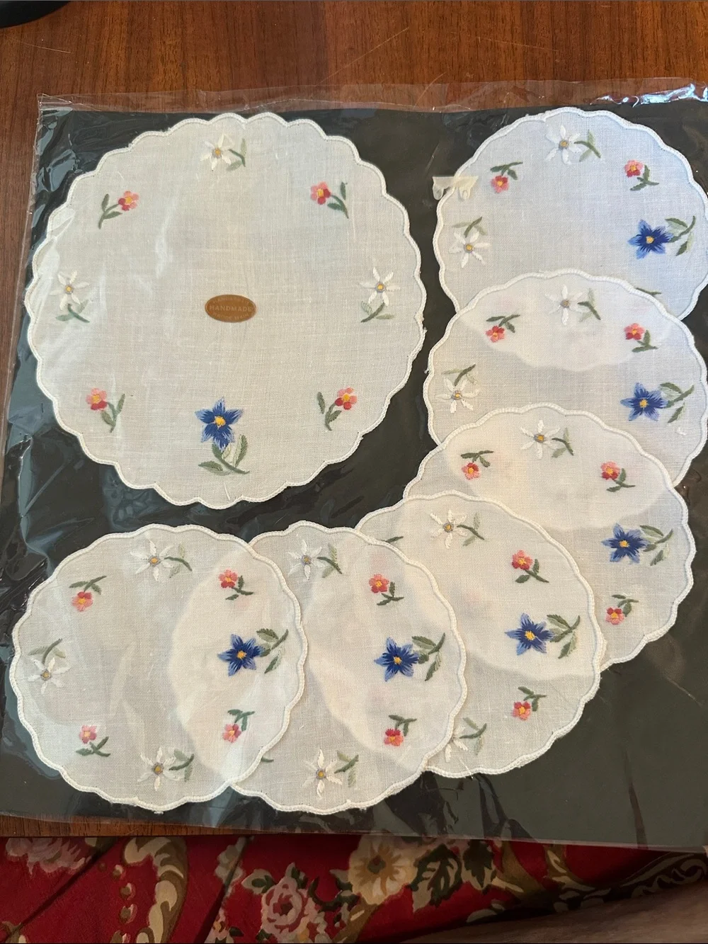 New in Packaging Blue Floral Embroidered White Linen Coaster and Doily Set